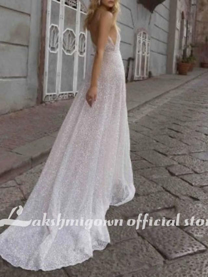 NumberSea - NumberSea A - Line Wedding Dresses V Neck Spaghetti Strap Boho