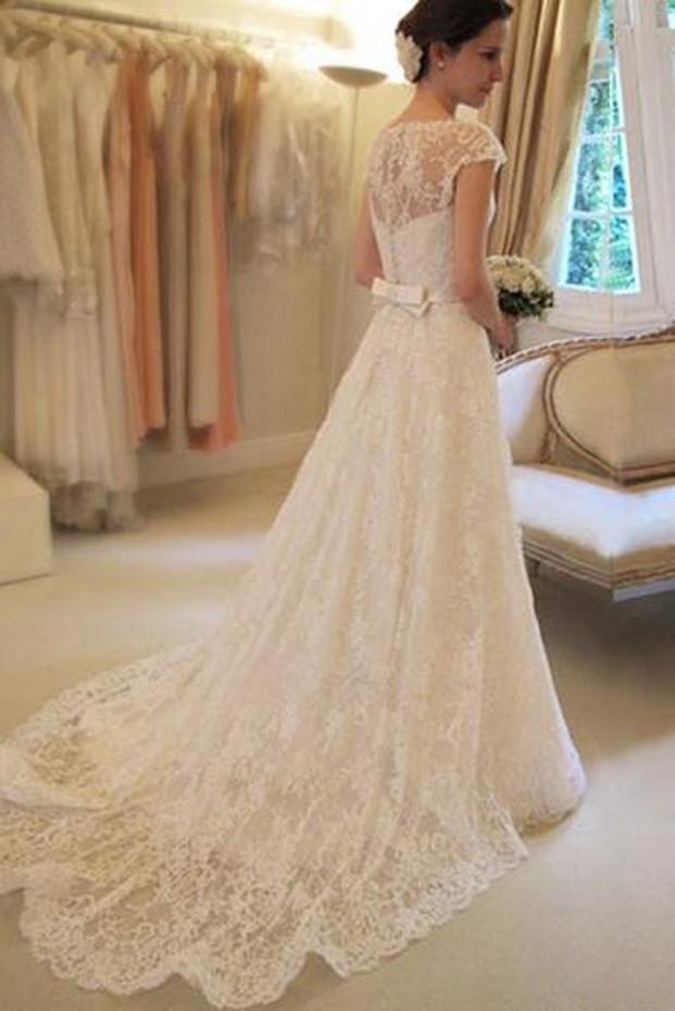 NumberSea - NumberSea Affordable Cap Sleeve Lace A Line Wedding Dresses, Long Wedding Gowns, Bridal Dress, MW113