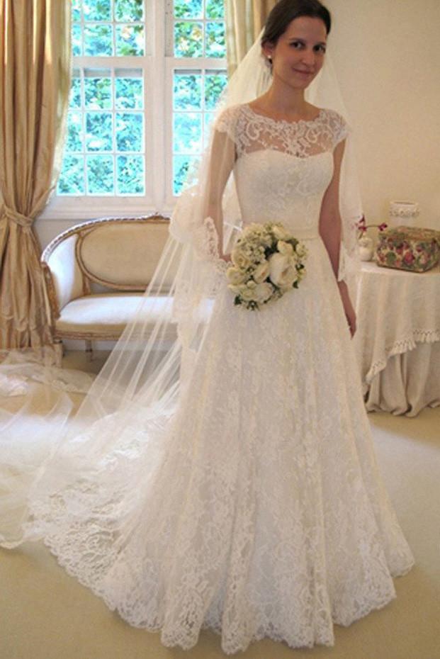 NumberSea - NumberSea Affordable Cap Sleeve Lace A Line Wedding Dresses, Long Wedding Gowns, Bridal Dress, MW113