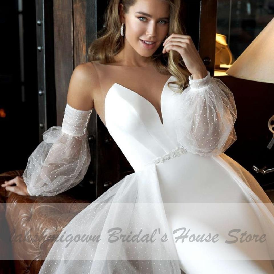 NumberSea - NumberSea African White Satin Mermaid Wedding Dress 2 in 1Puffy Sleeves