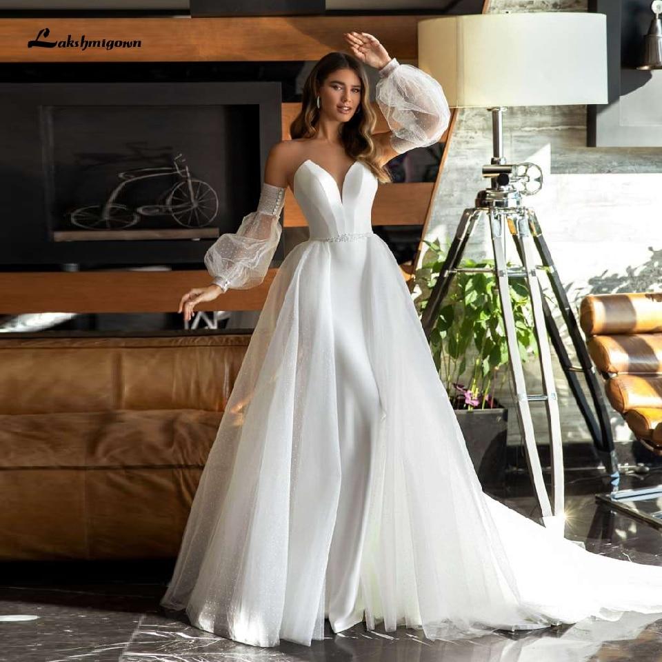 NumberSea - NumberSea African White Satin Mermaid Wedding Dress 2 in 1Puffy Sleeves