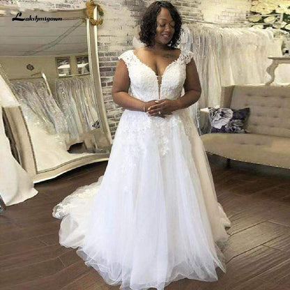 NumberSea - NumberSea African White Wedding Dress Plus Size Lace Appliques Bridal Dress