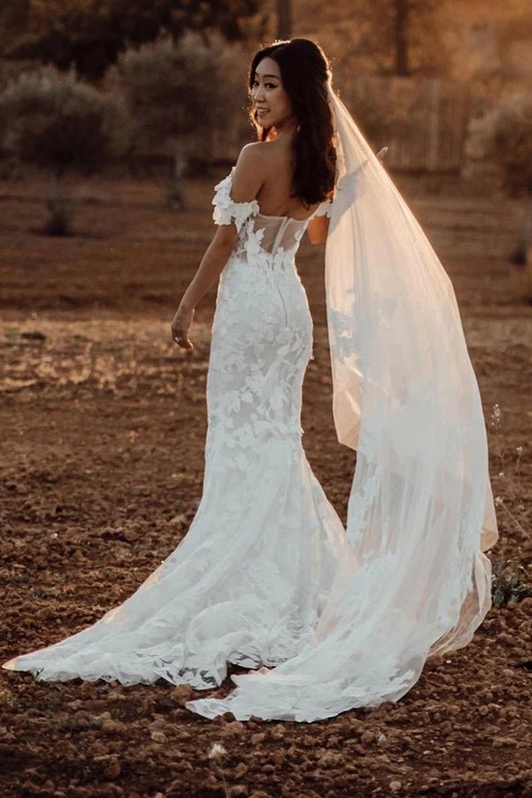 NumberSea - NumberSea Amazing Mermaid Off the shoulder Tull Applique Rustic Wedding Dress,MW504