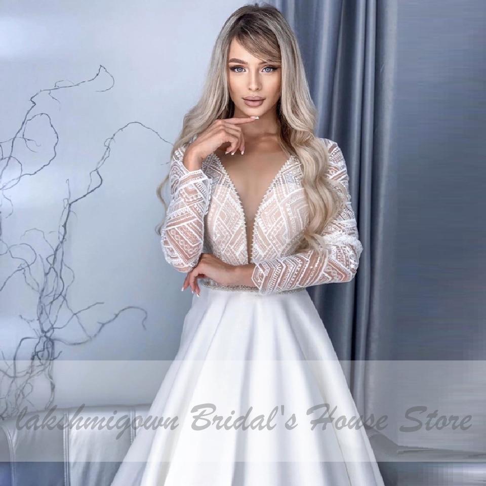 NumberSea - NumberSea Arabic Women Satin Long Sleeve Wedding Dress