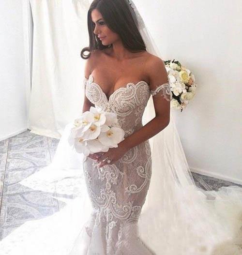 NumberSea - NumberSea Attractive Off Shoulder Lace Mermaid Long Wedding Dress with Appliques, MW118