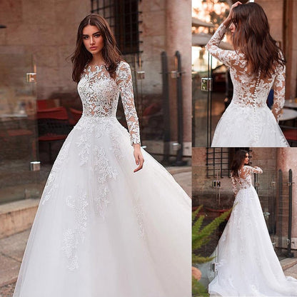 NumberSea - NumberSea Attractive Tulle Jewel Neckline See - through Bodice A - line Wedding Dress With Lace Appliques & Beadings Long Sleeves Bridal Dress