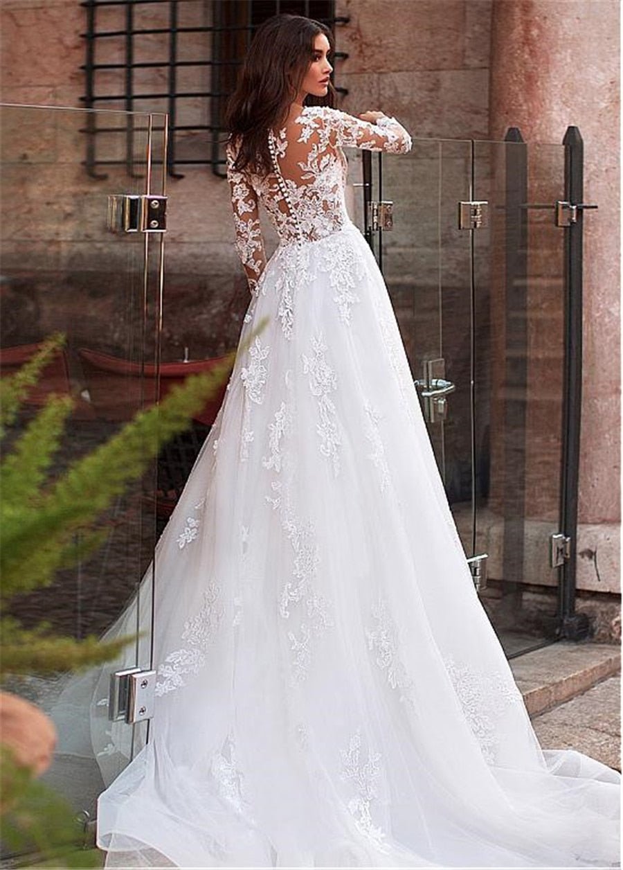 NumberSea - NumberSea Attractive Tulle Jewel Neckline See - through Bodice A - line Wedding Dress With Lace Appliques & Beadings Long Sleeves Bridal Dress