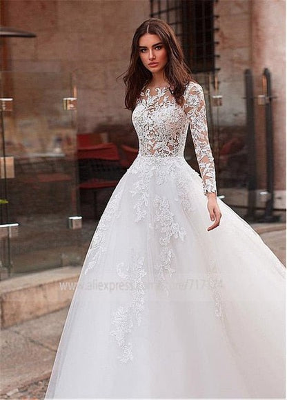 NumberSea - NumberSea Attractive Tulle Jewel Neckline See - through Bodice A - line Wedding Dress With Lace Appliques & Beadings Long Sleeves Bridal Dress