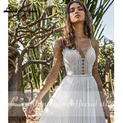 NumberSea - NumberSea Back Open V Neck Lace Chiffon Wedding Dresses