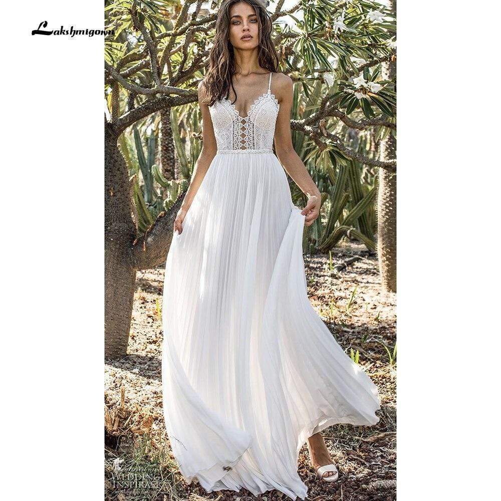 NumberSea - NumberSea Back Open V Neck Lace Chiffon Wedding Dresses