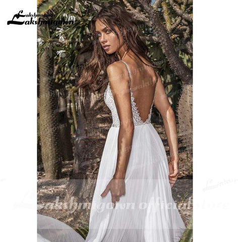 NumberSea - NumberSea Back Open V Neck Lace Chiffon Wedding Dresses