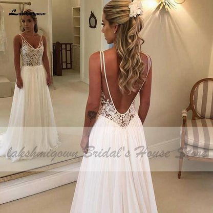 NumberSea - NumberSea Backless A Line Chiffon Wedding Dress Beach Summer