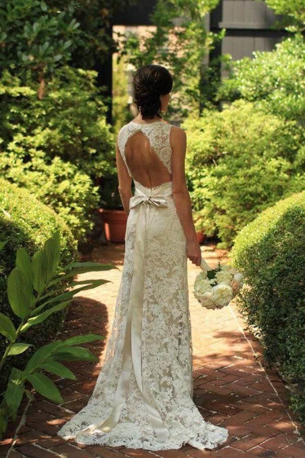 NumberSea - NumberSea Backless A - line Floor - Length Sleeveless Sheath Lace Wedding Dress,MW334