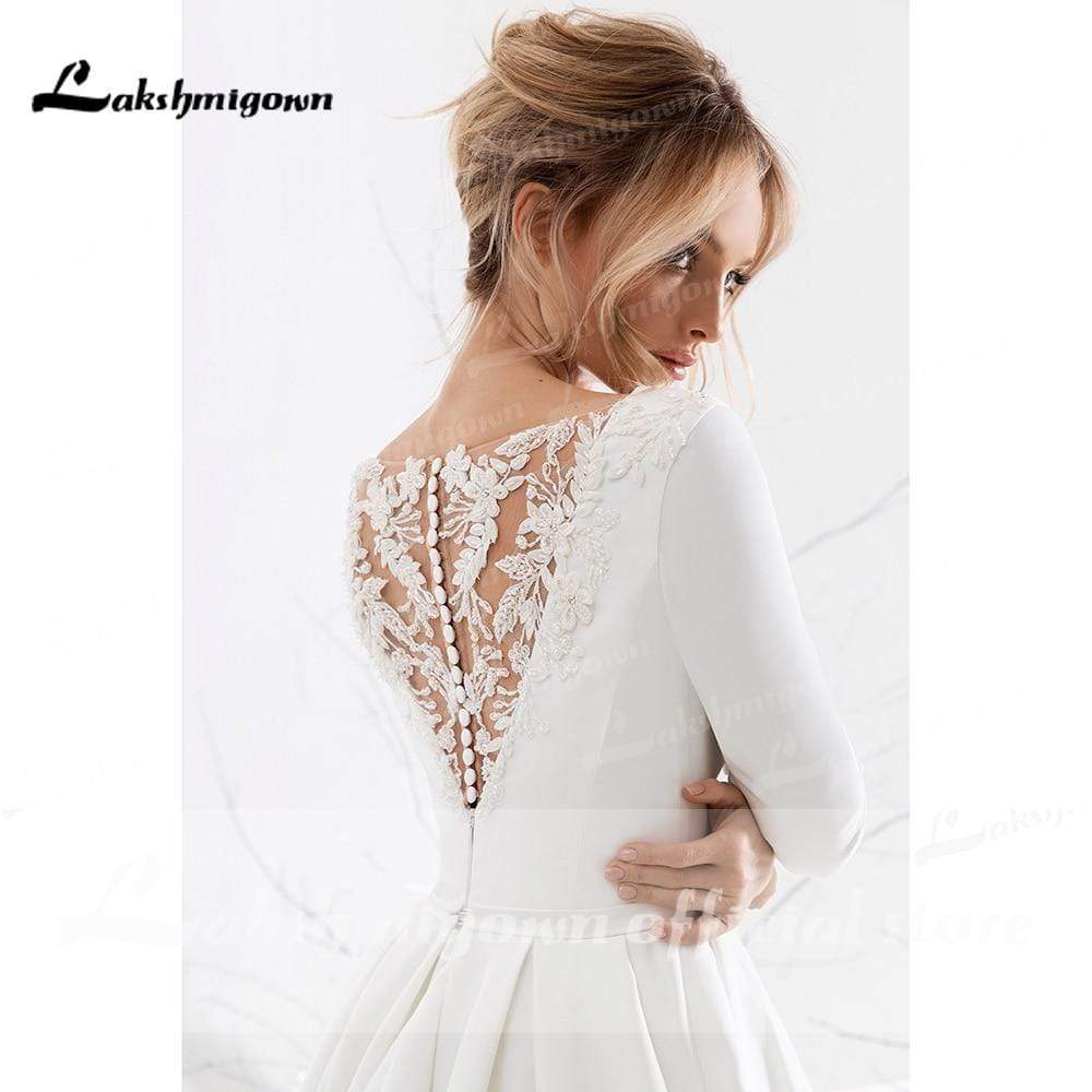 NumberSea - NumberSea Backless O Neck Lace Beads Satin Simple Wedding Dresses