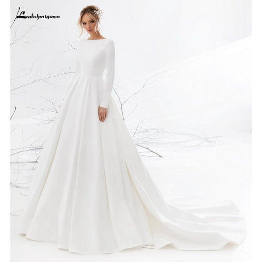 NumberSea - NumberSea Backless O Neck Lace Beads Satin Simple Wedding Dresses