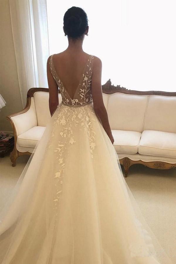 NumberSea - NumberSea Backless Rustic V - Neck Lace Wedding Dresses Wedding Dress, MW287