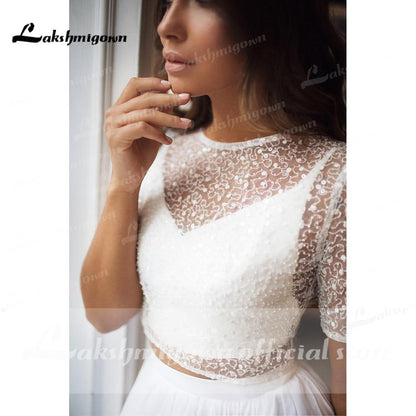 NumberSea - NumberSea Backless Tulle Short Sleeve Lace Bow Wedding Dresses