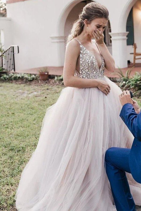 NumberSea - NumberSea Ball Gown Beaded Bodice Deep V - neck Wedding Dresses, Bridal Gown, MW622