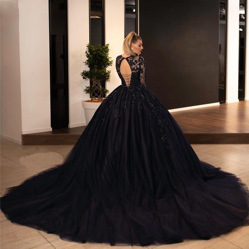 NumberSea - NumberSea Ball Gown Black GothiC Wedding Dresses Bead Lace Appliques Bridal Gowns with Long Sleeve Lace - up Princess Bride Dress Plus Size