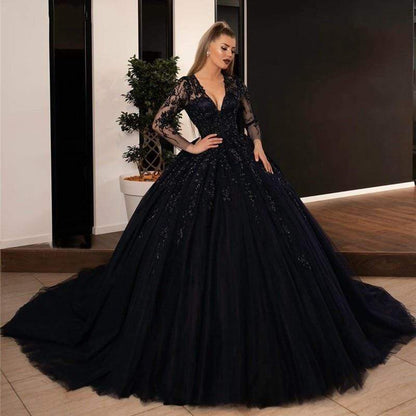 NumberSea - NumberSea Ball Gown Black GothiC Wedding Dresses Bead Lace Appliques Bridal Gowns with Long Sleeve Lace - up Princess Bride Dress Plus Size