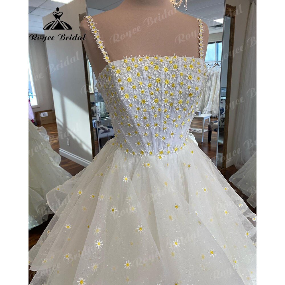 NumberSea - NumberSea Ball Gown Daisy Floral Square Collar Neckline Beach Wedding Dress with Removable Spaghetti Straps Bridal Reception Party Gowns