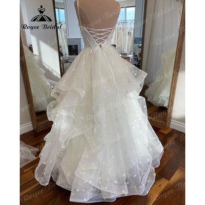 NumberSea - NumberSea Ball Gown Daisy Floral Square Collar Neckline Beach Wedding Dress with Removable Spaghetti Straps Bridal Reception Party Gowns