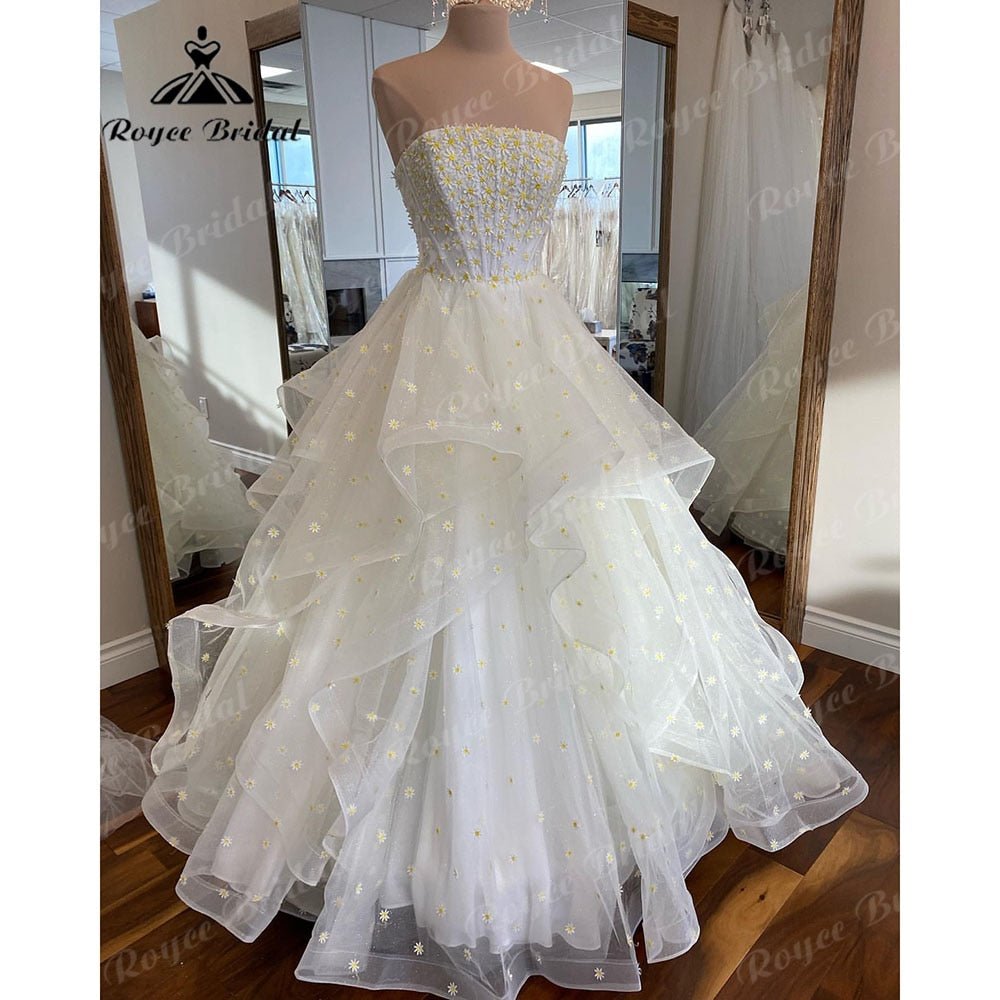 NumberSea - NumberSea Ball Gown Daisy Floral Square Collar Neckline Beach Wedding Dress with Removable Spaghetti Straps Bridal Reception Party Gowns