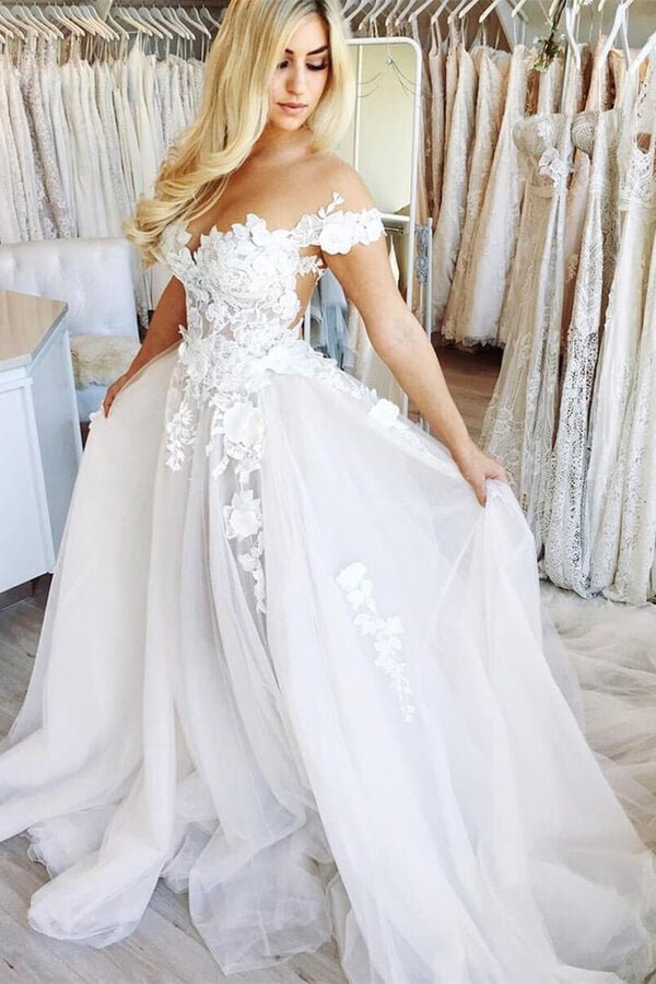 NumberSea - NumberSea Ball Gown Off the Shoulder Open Back Lace Long Wedding Dresses,Fairy Wedding Gowns,MW420