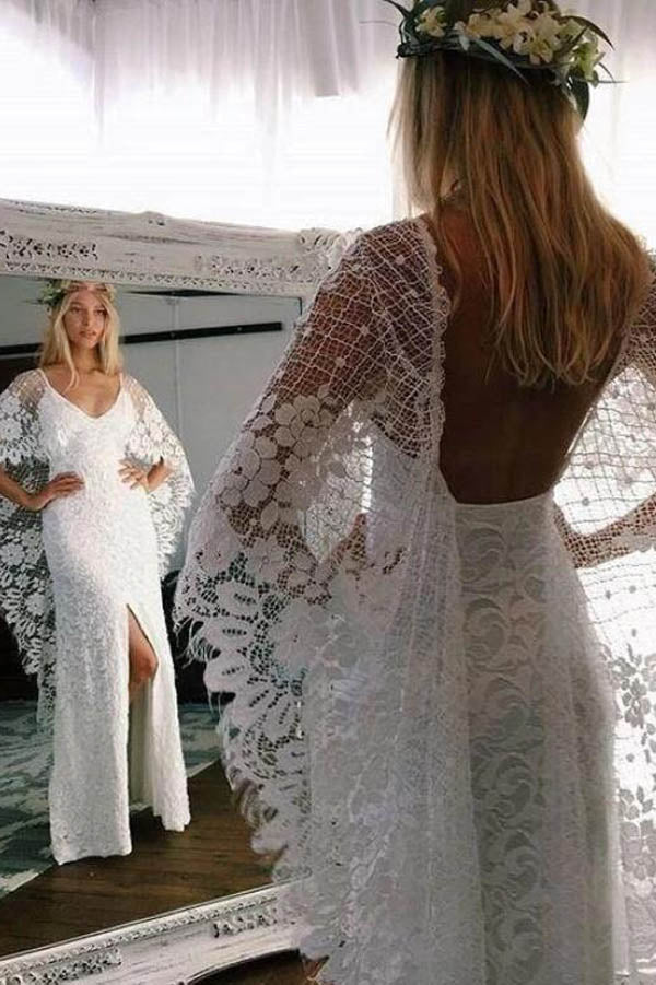 NumberSea - NumberSea Batwing Sleeve Lace Rustic Wedding Dresses Ivory Sheath Boho Wedding Dresses,MW407