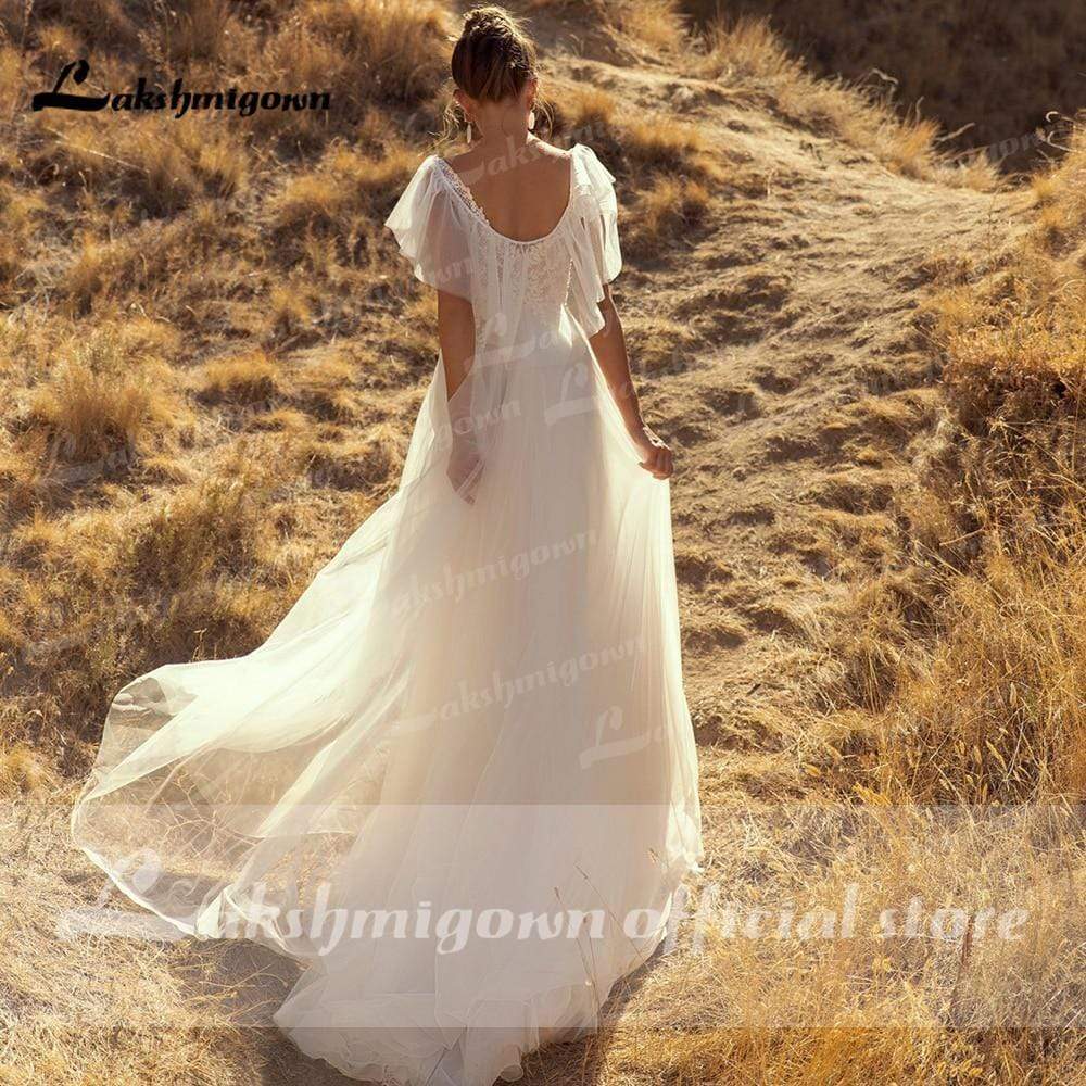 NumberSea - NumberSea Beach Boho O Neck Lace Sleeveless Wedding Dresses