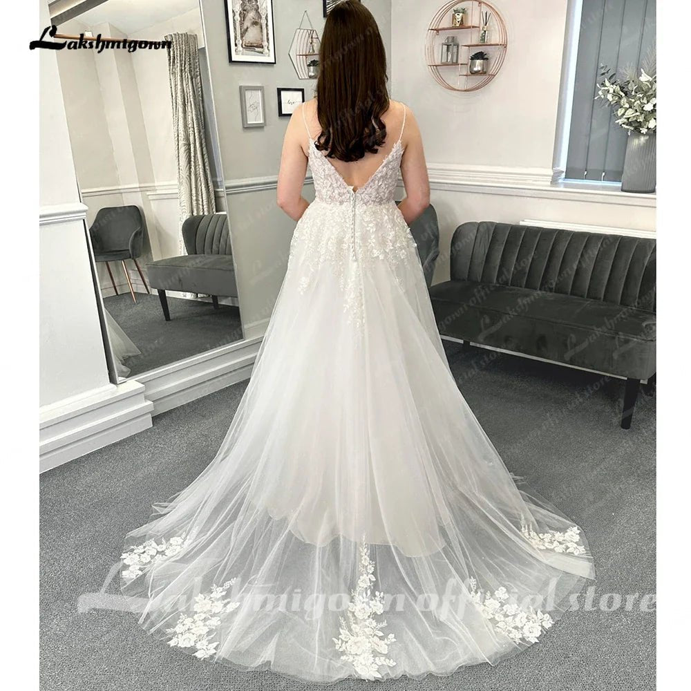 NumberSea - NumberSea Beach Formal Wedding Dresses Sweep Train Sleeveless Spaghetti Strap Lace With Appliques 2025 Bridal Gowns