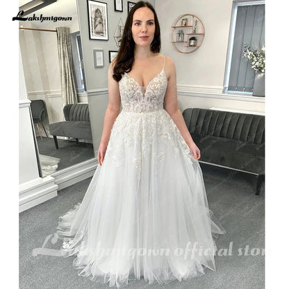 NumberSea - NumberSea Beach Formal Wedding Dresses Sweep Train Sleeveless Spaghetti Strap Lace With Appliques 2025 Bridal Gowns