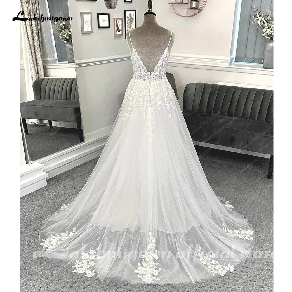 NumberSea - NumberSea Beach Formal Wedding Dresses Sweep Train Sleeveless Spaghetti Strap Lace With Appliques 2025 Bridal Gowns