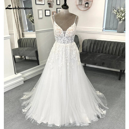 NumberSea - NumberSea Beach Formal Wedding Dresses Sweep Train Sleeveless Spaghetti Strap Lace With Appliques 2025 Bridal Gowns