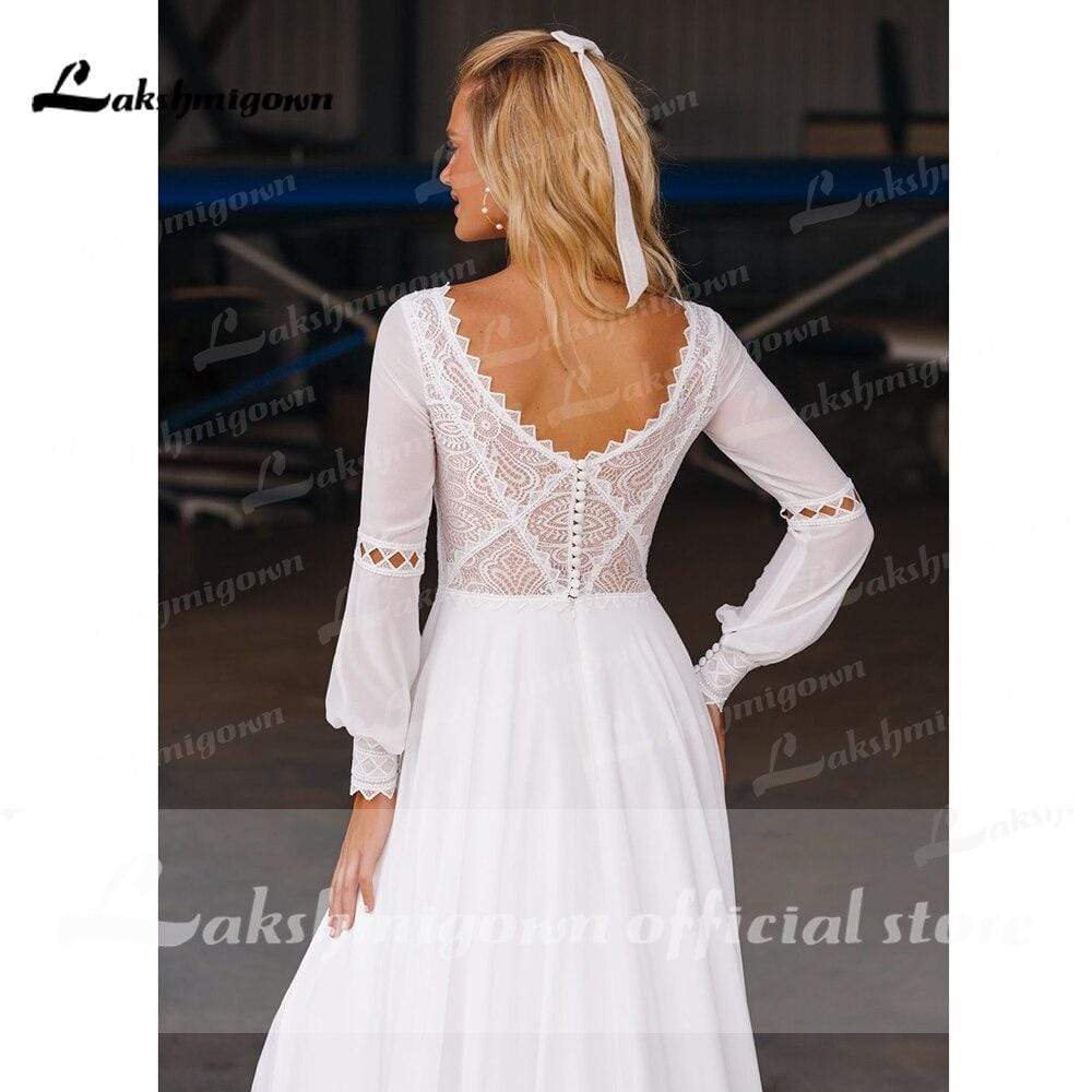 NumberSea - NumberSea Beach Long Sleeve Chiffon Lace Wedding Dresses