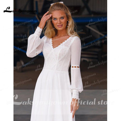 NumberSea - NumberSea Beach Long Sleeve Chiffon Lace Wedding Dresses