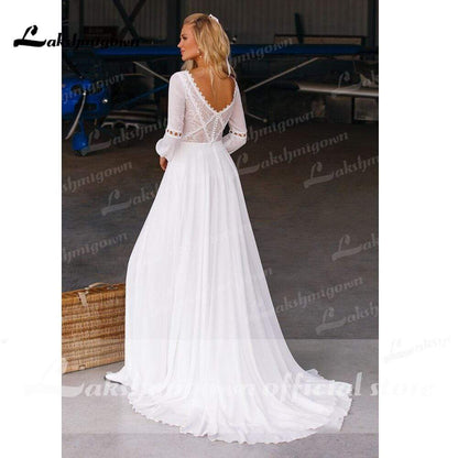 NumberSea - NumberSea Beach Long Sleeve Chiffon Lace Wedding Dresses