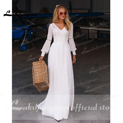 NumberSea - NumberSea Beach Long Sleeve Chiffon Lace Wedding Dresses