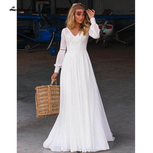 NumberSea - NumberSea Beach Long Sleeve Chiffon Lace Wedding Dresses