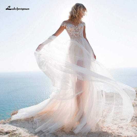 NumberSea - NumberSea Beach Short Wedding Dress 2 in 1 with Detachable Skirt Sexy Lace