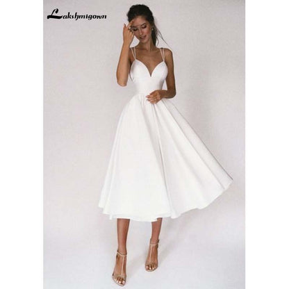 NumberSea - NumberSea Beach Short Wedding Dress Soft Satin Spaghetti Strap A Line Bridal Wedding gown trouwjurk Vestidos de Nova wedding party dress