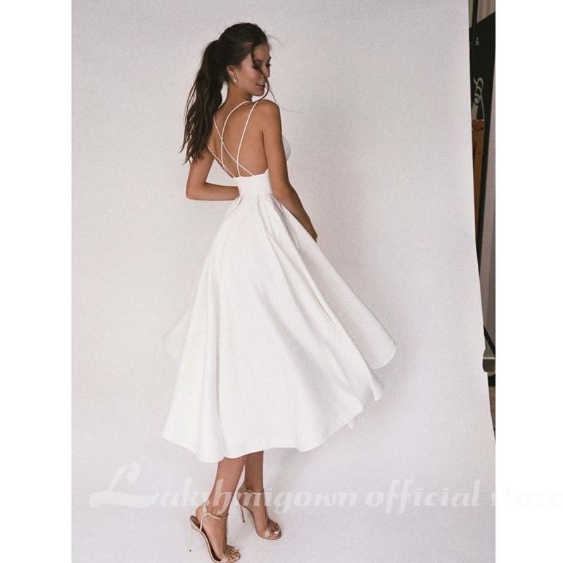 NumberSea - NumberSea Beach Short Wedding Dress Soft Satin Spaghetti Strap A Line Bridal Wedding gown trouwjurk Vestidos de Nova wedding party dress