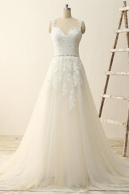 NumberSea - NumberSea Beautiful A Line Ivory Lace Modest Handmade V - Neck Wedding Dresses with Appliques, MW110