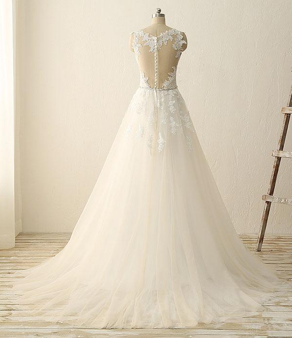 NumberSea - NumberSea Beautiful A Line Ivory Lace Modest Handmade V - Neck Wedding Dresses with Appliques, MW110