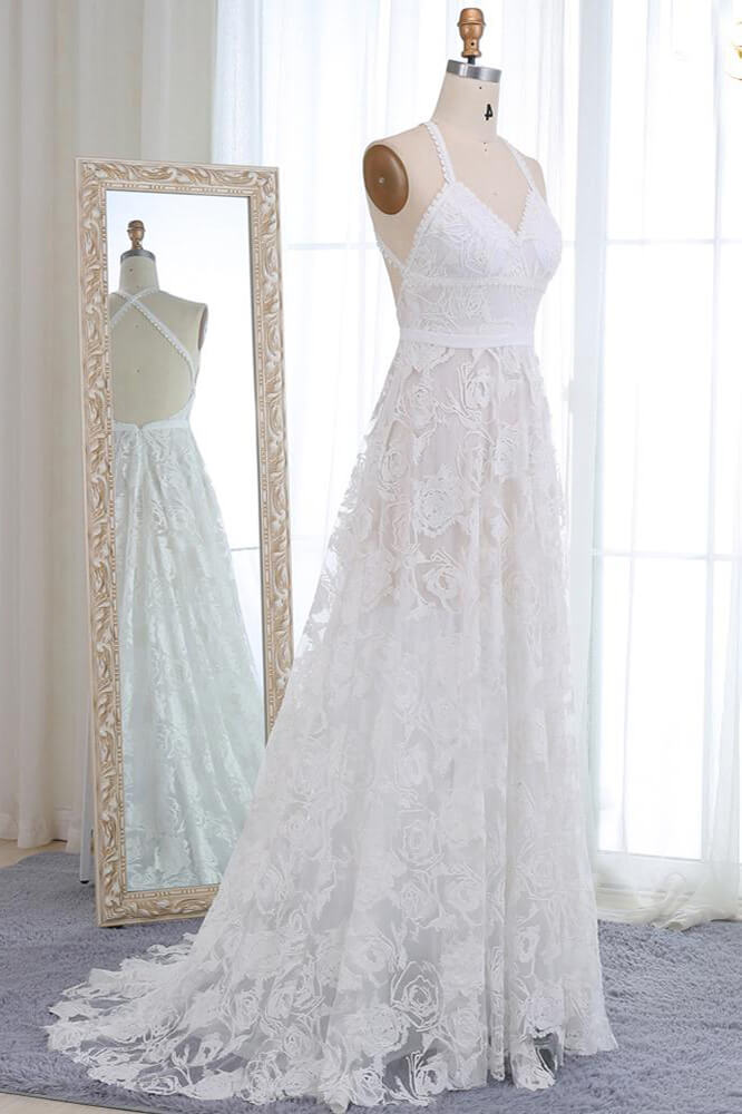 NumberSea - NumberSea Beautiful A - line V - neck Lace Straps Long Wedding Dresses, Bridal Dress, MW523