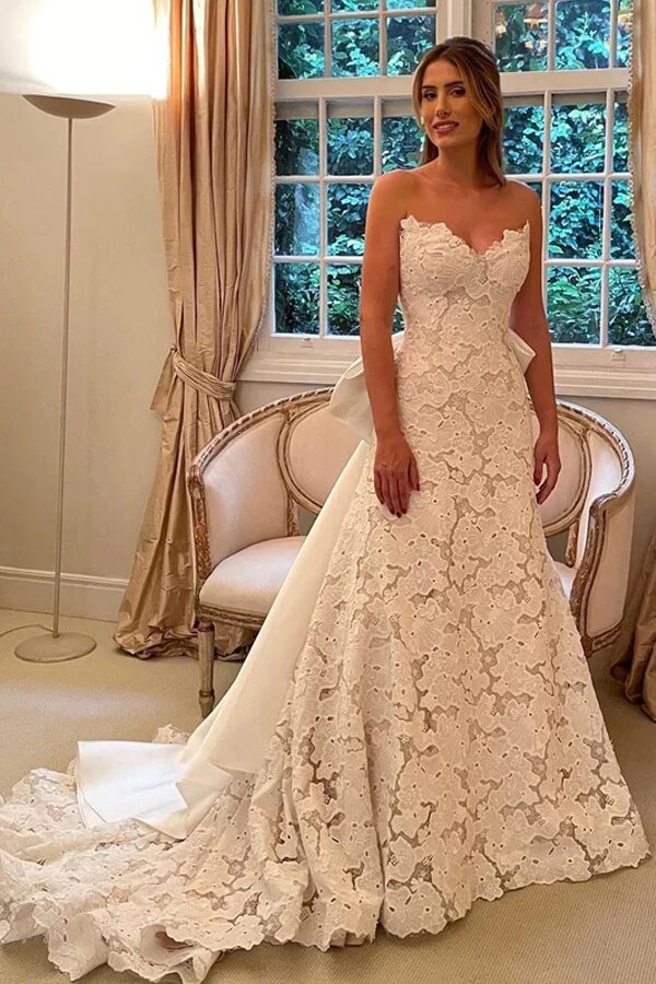 NumberSea - NumberSea Beautiful Ivory Lace A - line Strapless Boho Wedding Dresses With Bowtie, MW866