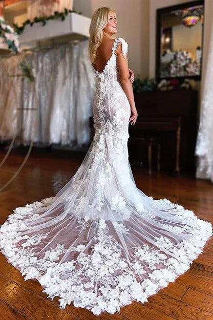 NumberSea - NumberSea Beautiful Lace Mermaid 3D Flowers Boho Wedding Dresses With Slit, MW1006