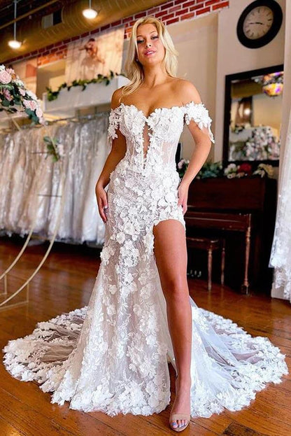 NumberSea - NumberSea Beautiful Lace Mermaid 3D Flowers Boho Wedding Dresses With Slit, MW1006