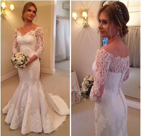 NumberSea - NumberSea Beautiful Lace Mermaid V - Neck 3/4 Sleeves Ball Gowns Wedding Dresses, MW163