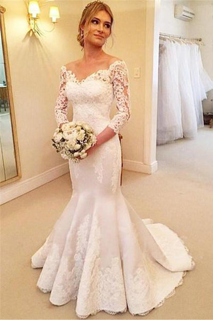 NumberSea - NumberSea Beautiful Lace Mermaid V - Neck 3/4 Sleeves Ball Gowns Wedding Dresses, MW163